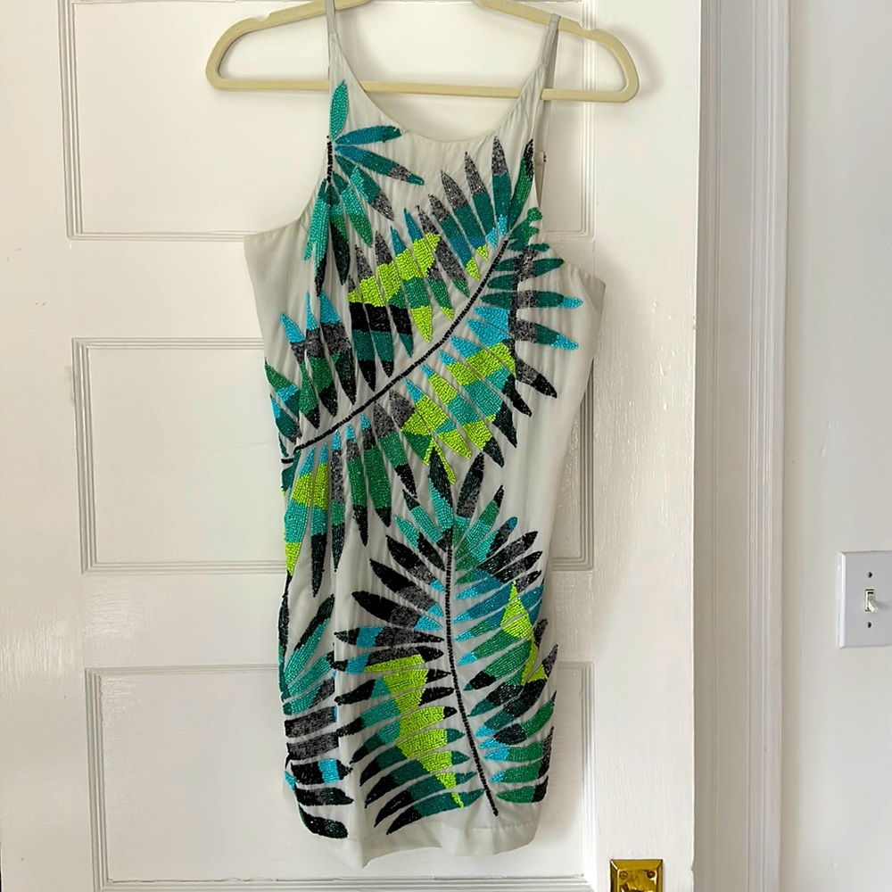 Parker Beaded Tropical Leaf Cocktail Dress